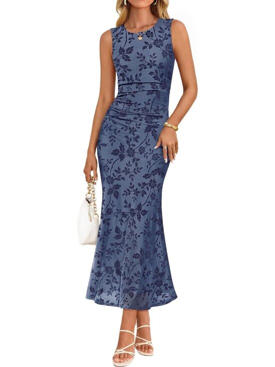 Dresses & Skirts - 🆕Women's Dustyblue Sleeveless Floral Bodycon Maxi Dress Ruched Mesh Party Dress